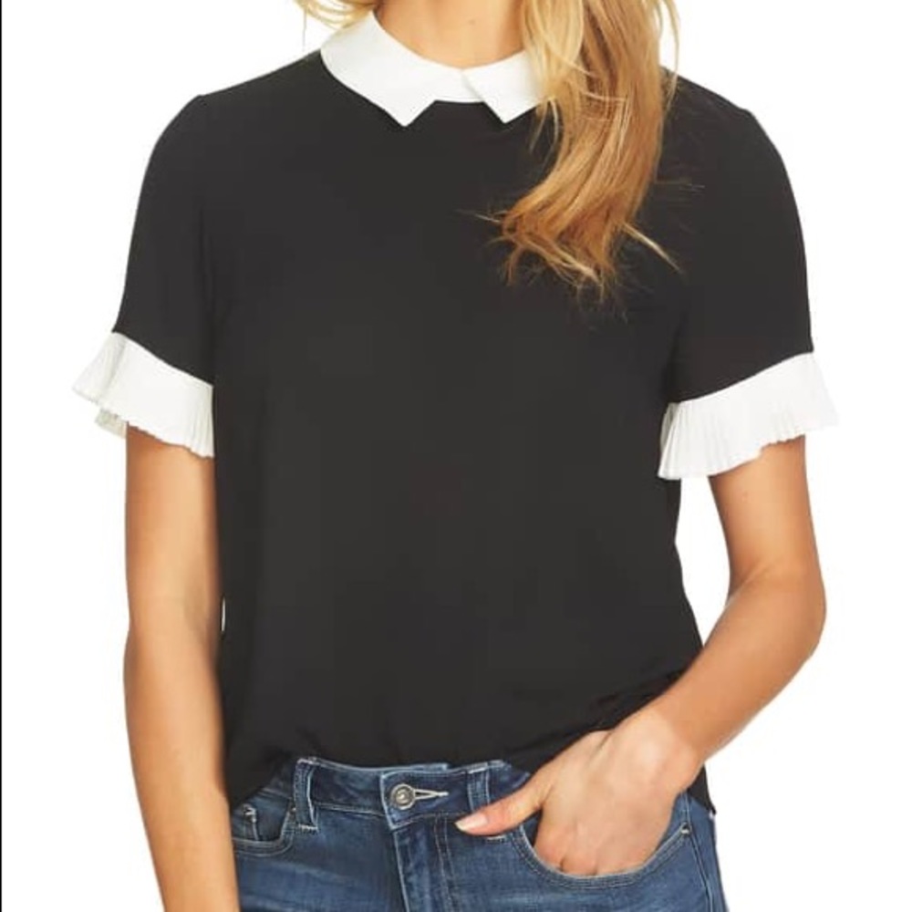 [CeCe] Pleat Sleeve Collared Crepe Blouse
